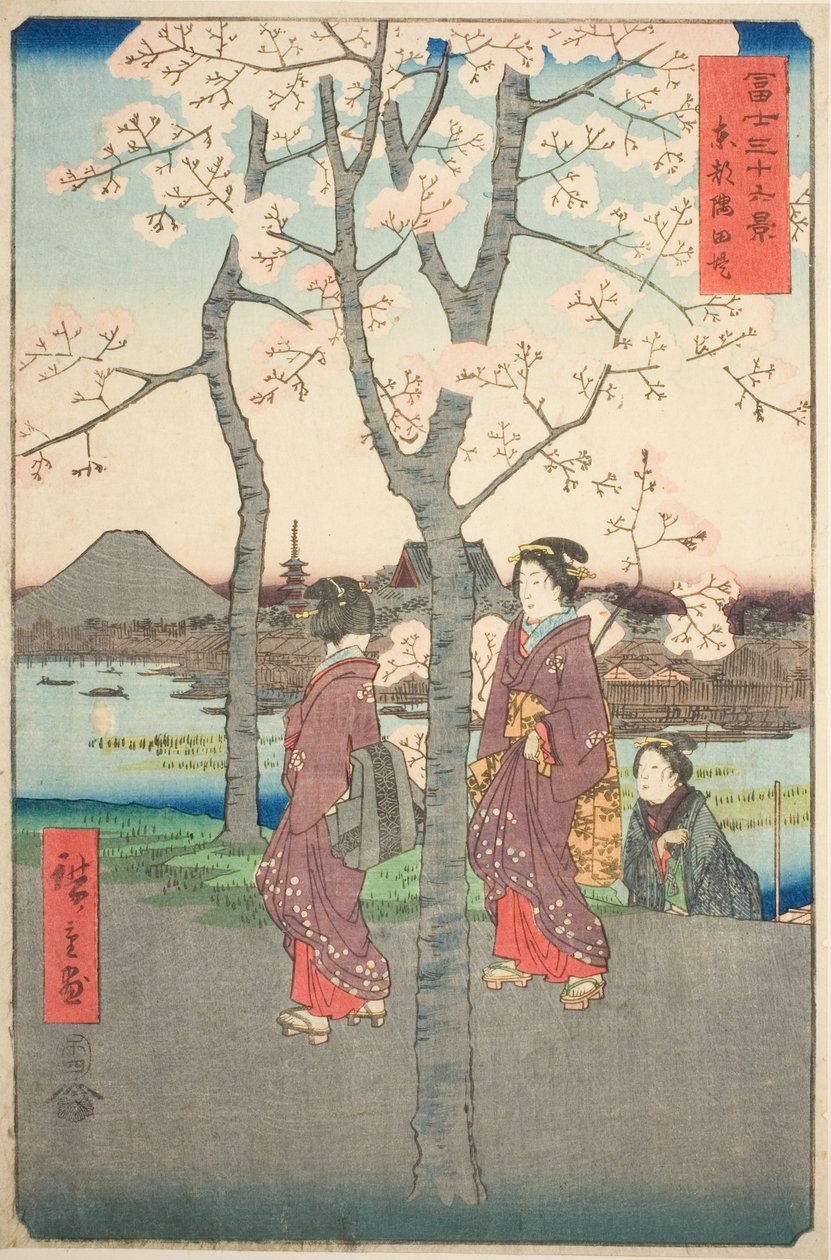 Nábřeží Sumida ve východním hlavním městě (Toto Sumida zutsumi), ze série „Třicet šest pohledů na horu Fuji (Fuji sanjurokkei)“ od Utagawa Hiroshige