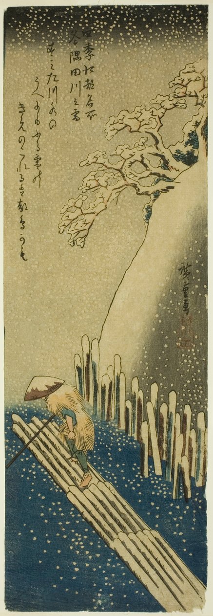 Řeka Sumida v zimním sněhu (Fuyu Sumidagawa no yuki), ze série „Slavná místa v Edo ve čtyřech ročních obdobích (Shiki Koto meisho)“ od Utagawa Hiroshige