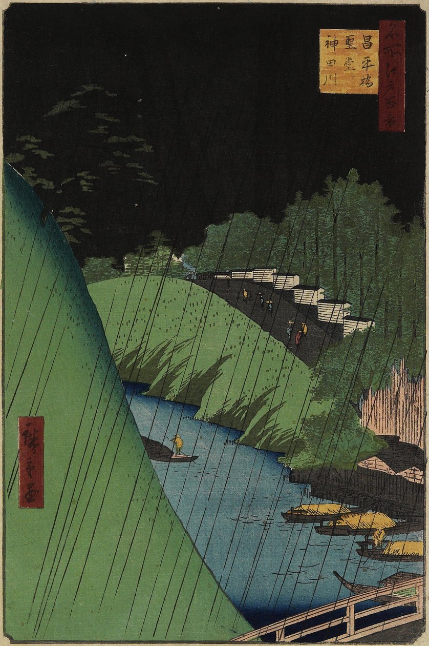 Konfuciův chrám u mostu Sho_hei přes řeku Kandu, září 1857 od Utagawa Hiroshige