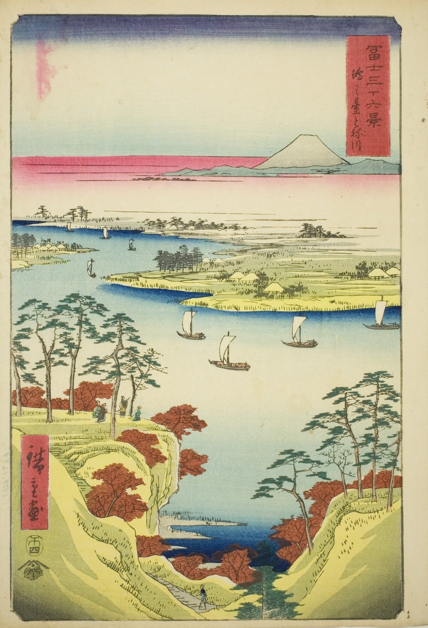 Řeka Tone v Konodai (Konodai Tonegawa), ze série „Třicet šest pohledů na horu Fuji (Fuji sanjurokkei)“ od Utagawa Hiroshige