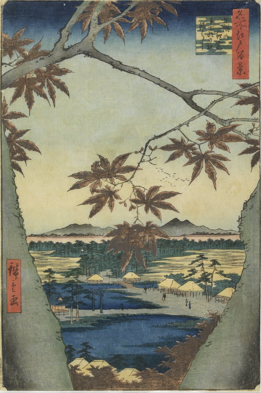 Javorové listy Mamy, svatyně Tekona a most Tsugi od Utagawa Hiroshige