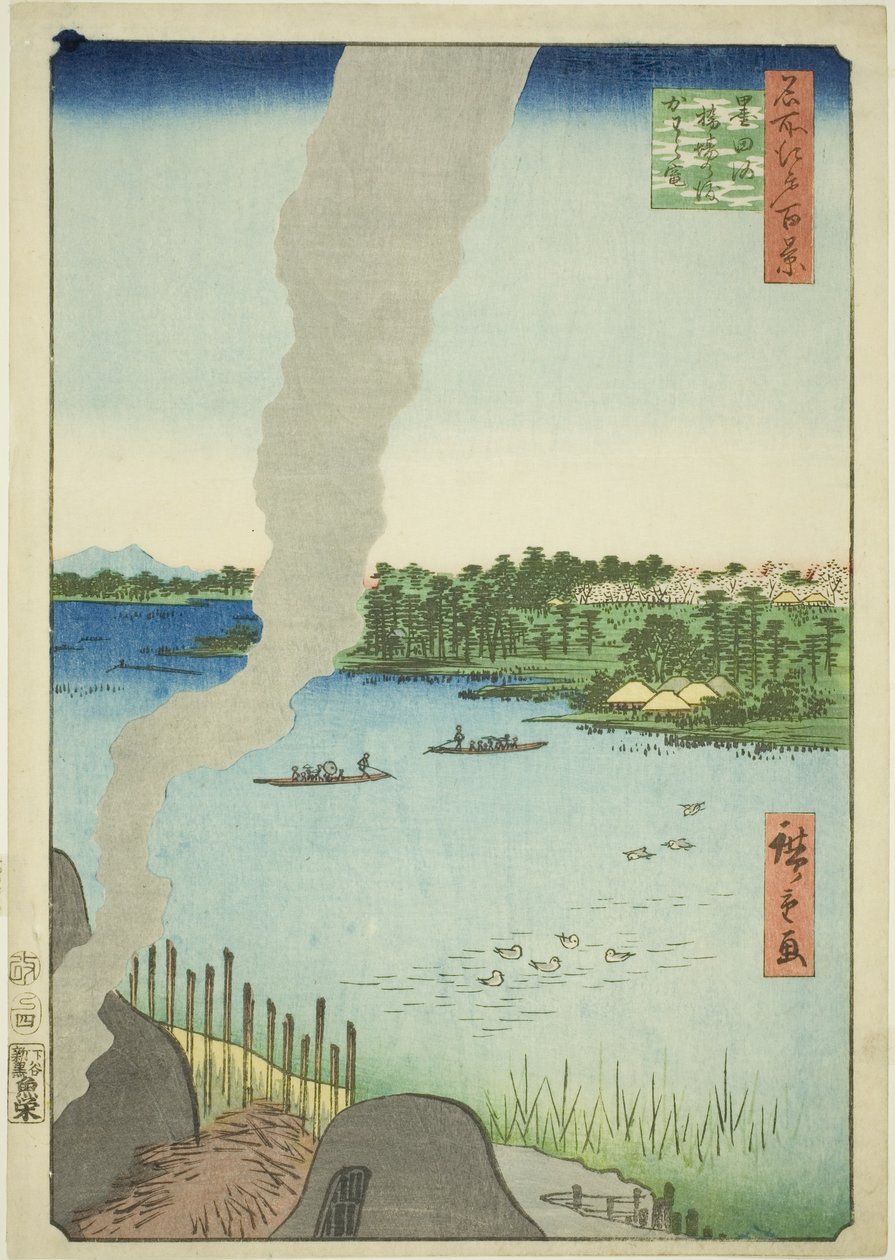 Kachlové pece a převoz Hashiba na řece Sumida (Sumidagawa Hashiba no watashi kawaragama), ze série „Sto slavných pohledů na Edo (Meisho Edo hyakkei)“ od Utagawa Hiroshige
