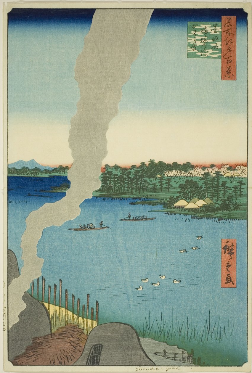 Kachlové pece a převoz Hashiba na řece Sumida (Sumidagawa Hashiba no watashi kawaragama), ze série „Sto slavných pohledů na Edo (Meisho Edo hyakkei)“ od Utagawa Hiroshige