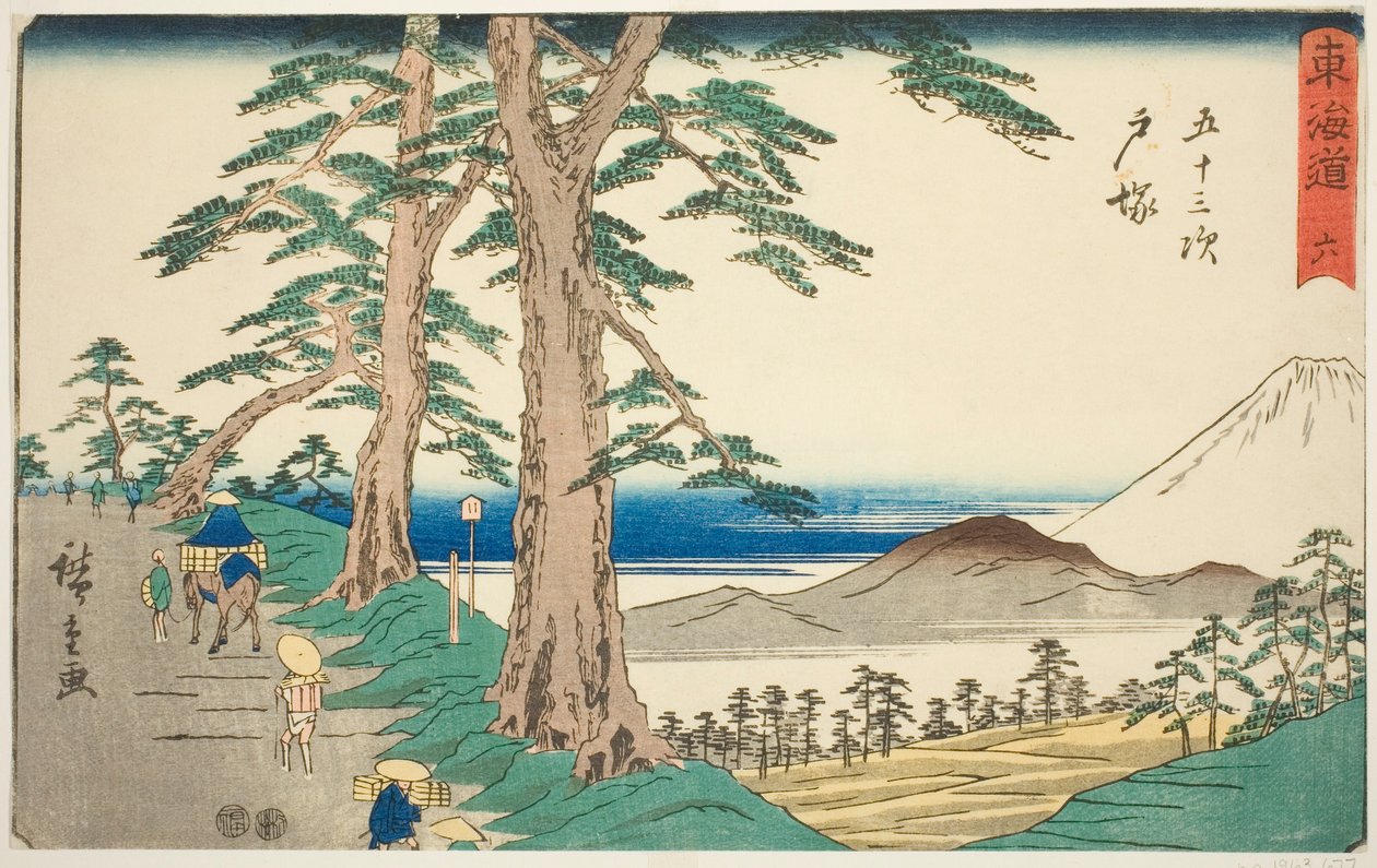 Totsuka – Ne. 6, ze série "Padesát tři stanic Tokaida (Tokaido gojusan tsugi)," také známé jako Reisho Tokaido od Utagawa Hiroshige