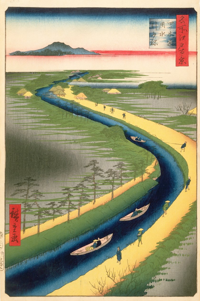 Vlečné čluny podél kanálu Yotsugi-dori, deska 33 ze série Sto slavných pohledů na Edo, období Edo, éra Ansei, 1857 (dřevotisk) od Utagawa Hiroshige