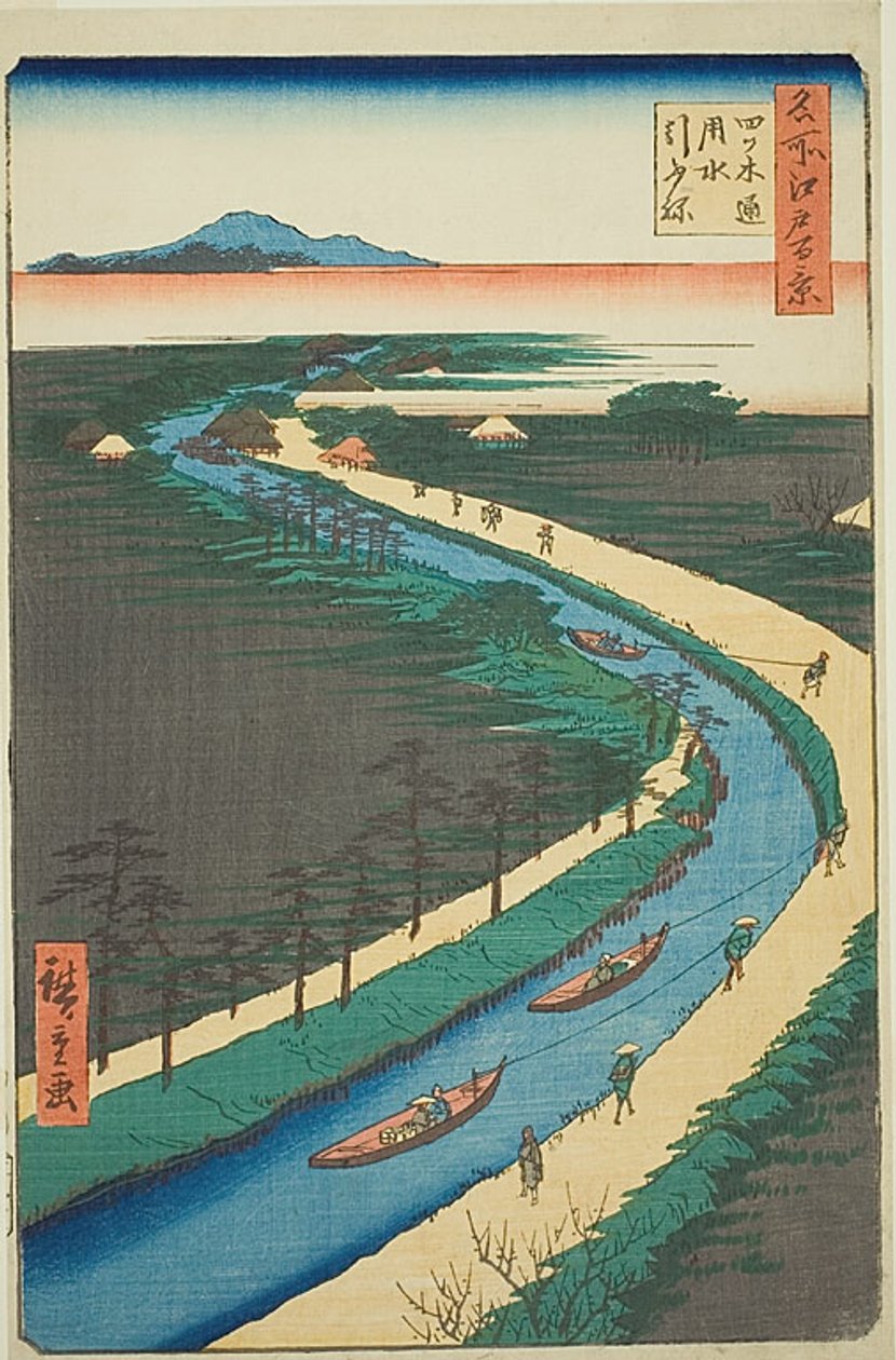 Vlečné lodě podél kanálu Yotsugidori (Yotsugidori yosui hikifune), č. 33 ze série "Sto slavných pohledů na Edo (Meisho Edo hyakkei)". od Utagawa Hiroshige