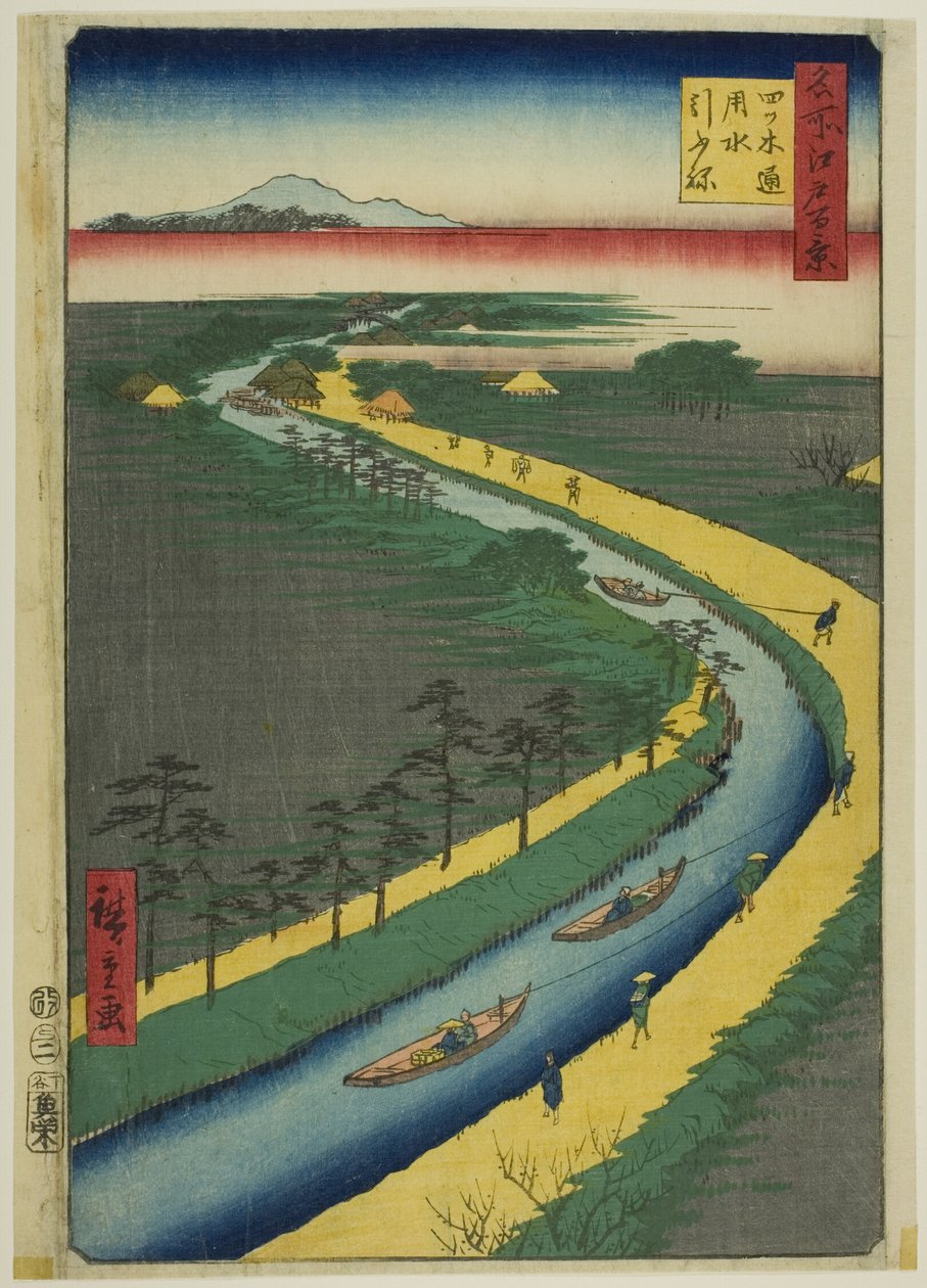 Vlečné lodě podél kanálu Yotsugidori (Yotsugidori yosui hikifune), ze série "Sto slavných pohledů na Edo (Meisho Edo hyakkei)". od Utagawa Hiroshige