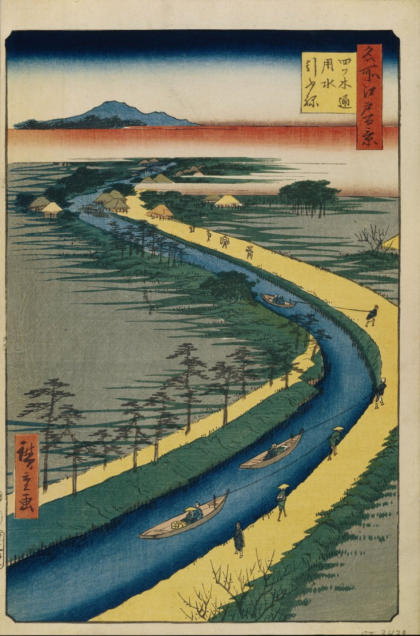 Vlečné čluny na kanálu Yotsugi dori Sto slavných pohledů na Edo, 1856-1858 od Utagawa Hiroshige