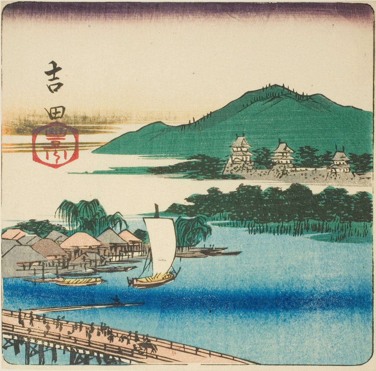 Řeka Toyo v Yoshida (Yoshida, Toyokawa), část listu ze série "Vystřihovánky z padesáti tří stanic (Gojusan tsugi harimaze)" od Utagawa Hiroshige