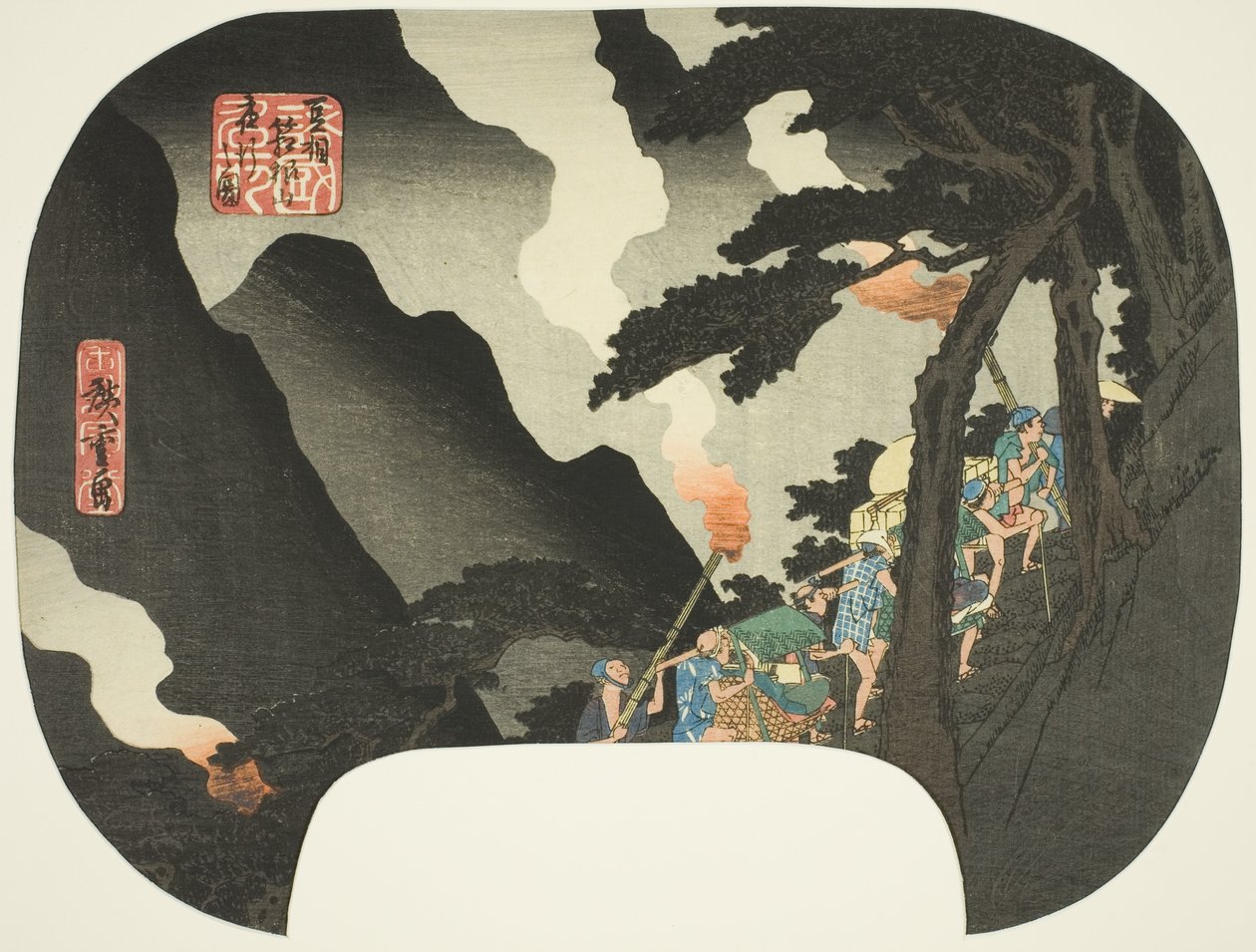 Noční cestování v horách Hakone na hranici provincií Izu a Sagami (Zuso Hakone-yama yako no zu), ze série „Slavná místa v různých provinciích (Shokoku meisho)“ od Utagawa Hiroshige