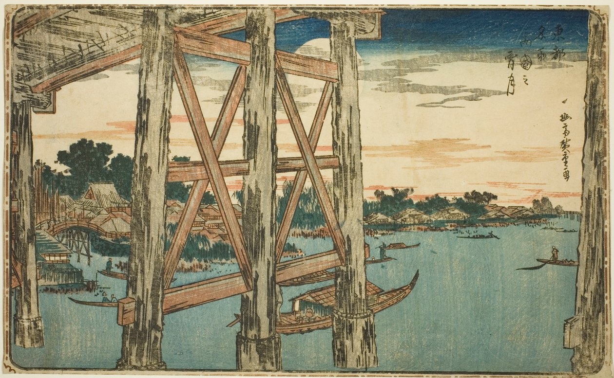 Soumrak na mostě Ryogoku (Ryogoku no yoizuki), ze série "Slavné pohledy na východní hlavní město (Toto Meisho)" od Utagawa Hiroshige