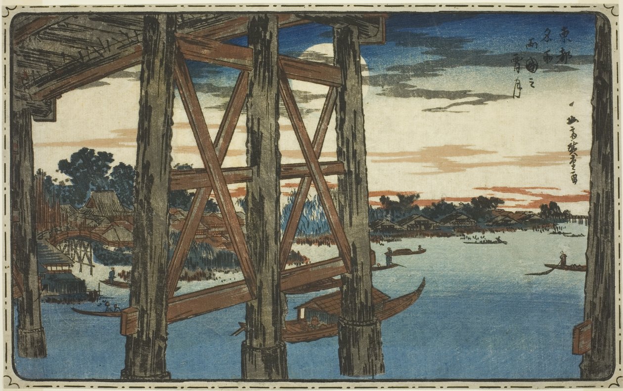 Soumrak na mostě Ryogoku (Ryogoku no yoizuki), ze série "Slavné pohledy na východní hlavní město (Toto meisho)" od Utagawa Hiroshige