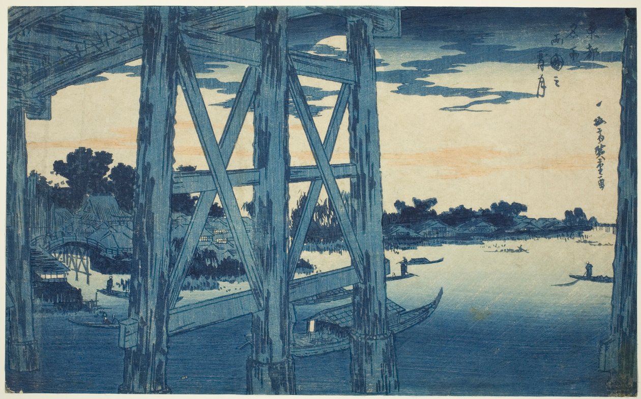 Soumrak na mostě Ryogoku (Ryogoku no yoizuki), ze série "Slavné pohledy na východní hlavní město (Toto meisho)" od Utagawa Hiroshige