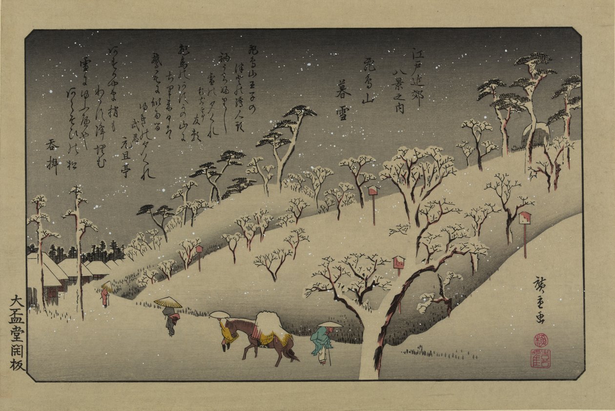 Soumrak sněhu na Asuka Hill. Ze série Osm pohledů v okolí Eda, 1838. od Utagawa Hiroshige