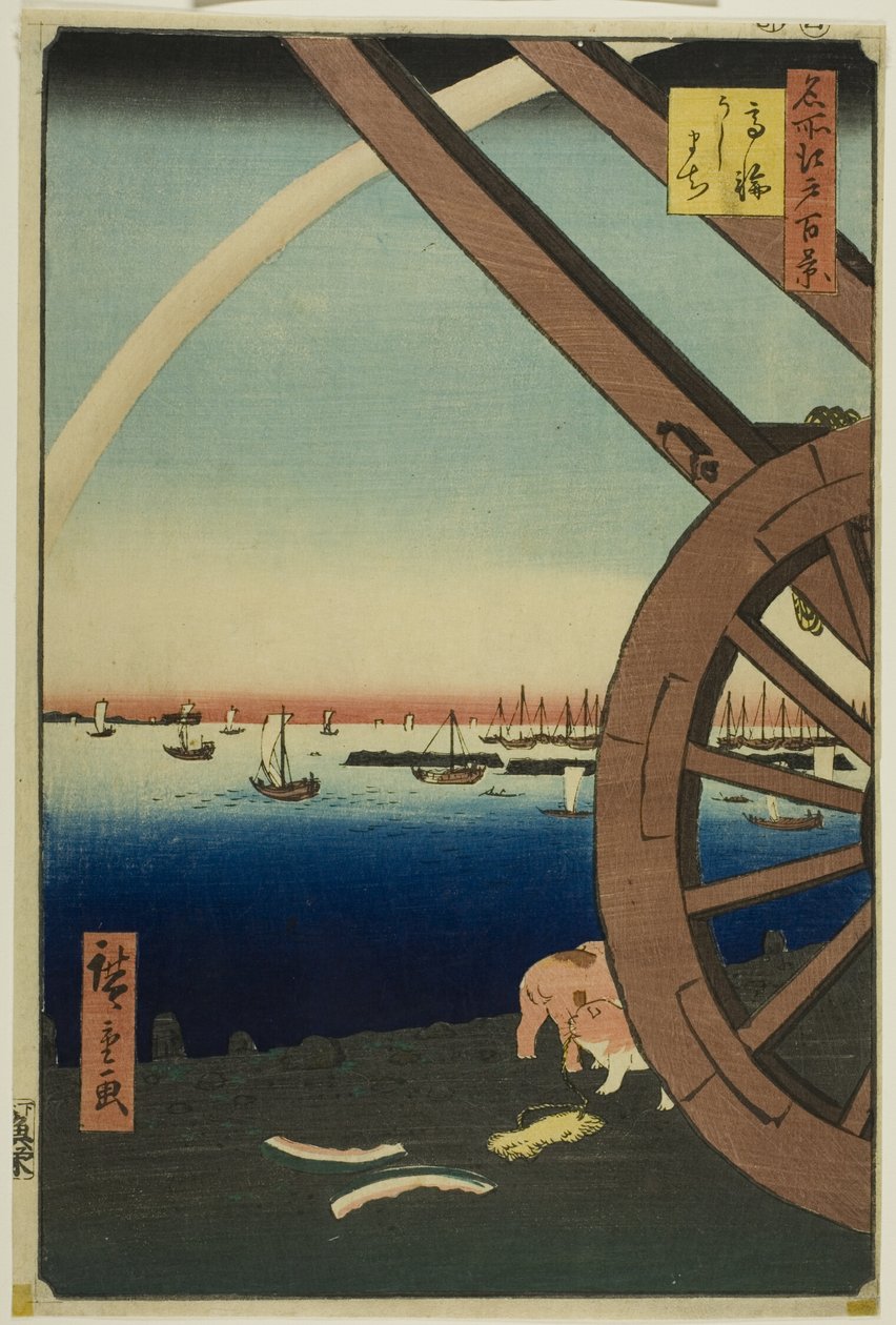 Ušimači v Takanawě (Takanawa Ushimachi), ze série "Sto slavných pohledů na Edo (Meisho Edo hyakkei)". od Utagawa Hiroshige