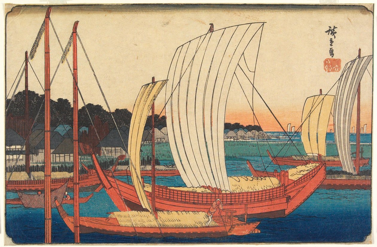 Pohled na lodě vplouvající do přístavu u Tsukudajimy od Utagawa Hiroshige