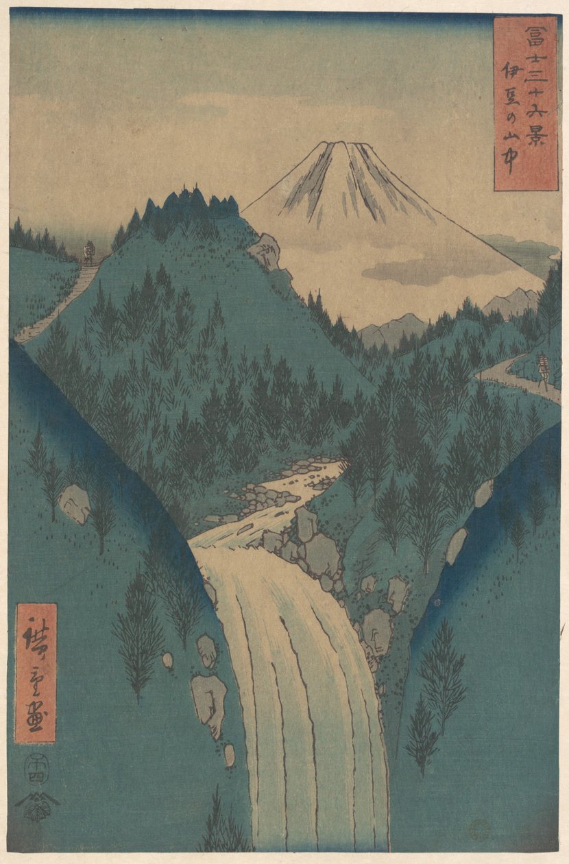 Pohled na horu Fuji z hor v provincii Izu (Izu no Sanchu), ze série „Třicet šest pohledů na horu Fuji“ (Fugaku sanjūrokkei) od Utagawa Hiroshige