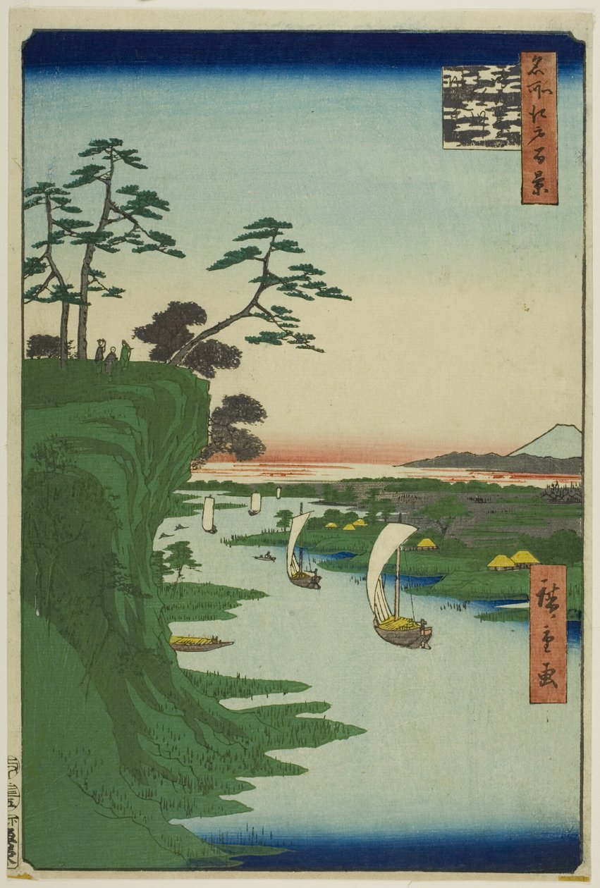 Pohled na Konodai a řeku Tone (Konodai Tonegawa fukei), ze série "Sto slavných pohledů na Edo (Meisho Edo hyakkei)". od Utagawa Hiroshige