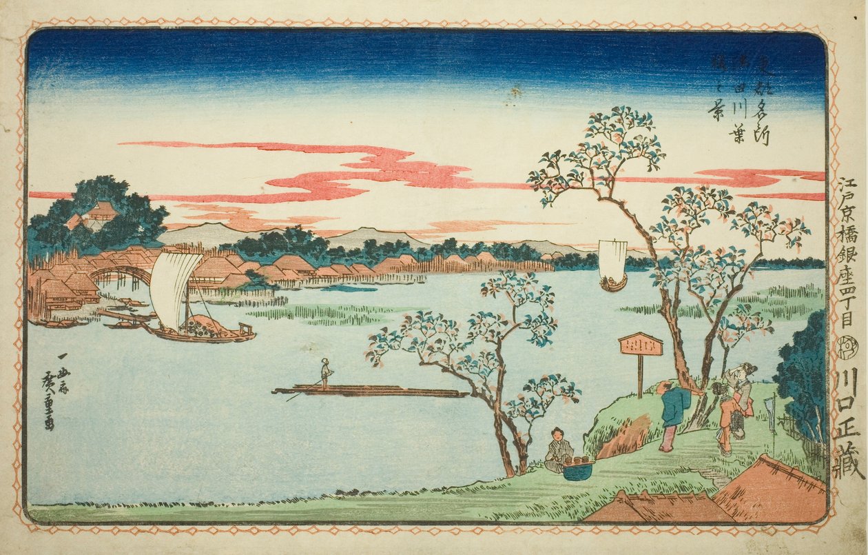 Pohled na listnaté třešně podél řeky Sumida (Sumidagawa hazakura no kei), ze série "Slavné pohledy na východní hlavní město (Toto Meisho)" od Utagawa Hiroshige