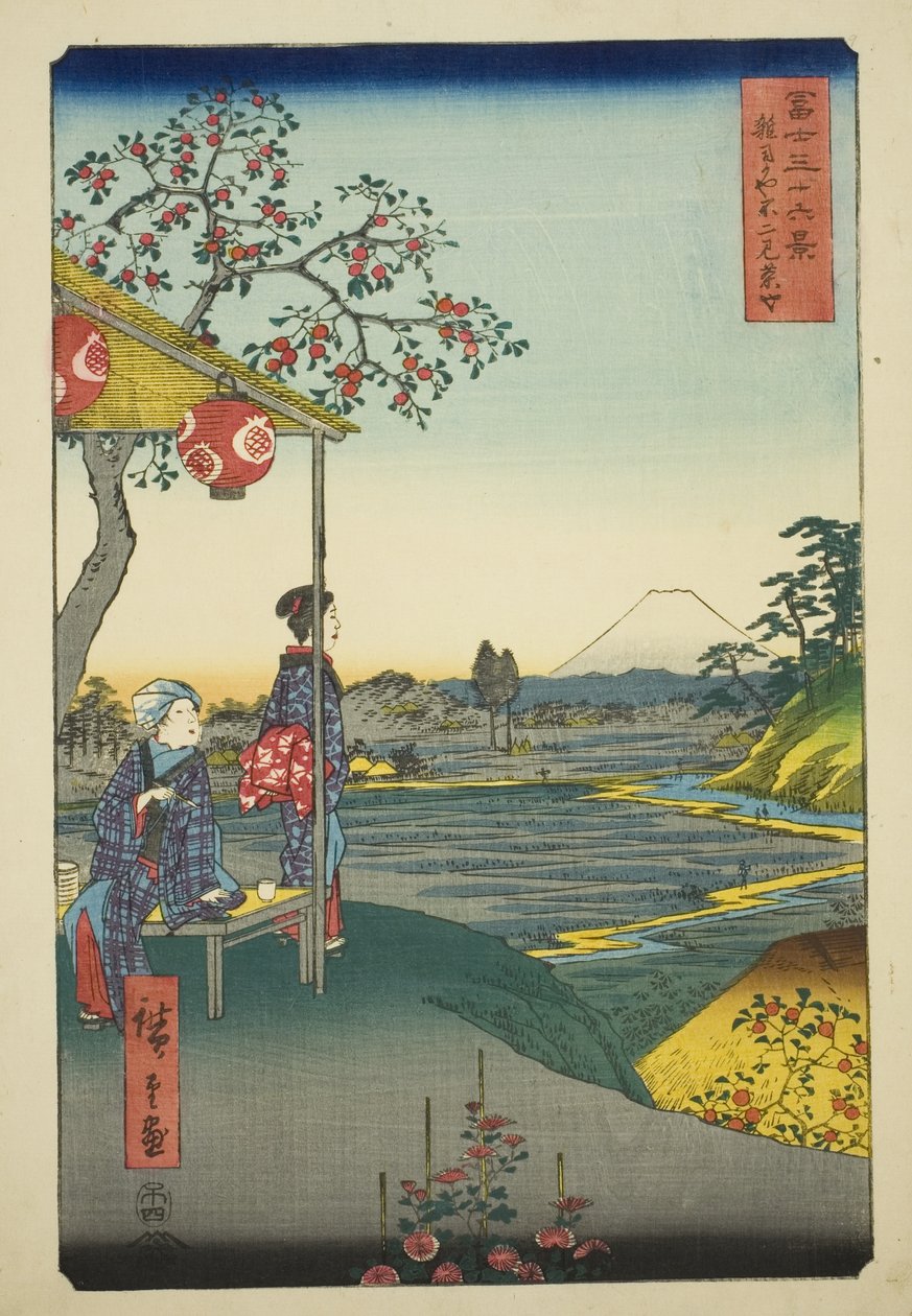 Pohled na horu Fuji z čajovny v Zoshigaya (Zoshigaya Fujimi chaya), ze série "Třicet šest pohledů na horu Fuji (Fuji sanjurokkei)" od Utagawa Hiroshige