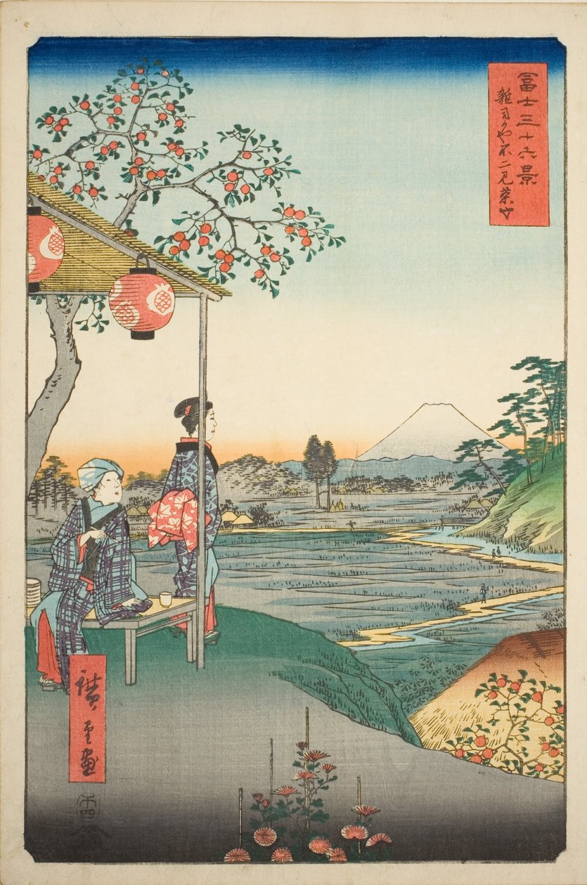 Pohled na horu Fuji z čajovny v Zoshigaya (Zoshigaya Fujimi chaya), ze série "Třicet šest pohledů na horu Fuji (Fuji sanjurokkei)" od Utagawa Hiroshige