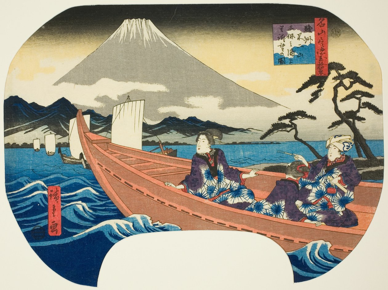 Pohled na horu Fuji přes moře v zálivu Miho v provincii Suruga (Sunshu Fujisan Miho no kaijo yori chobo), ze série „Deset pohledů na slavné hory v provinciích (Meizan tsukushi shokoku jukkei)“ od Utagawa Hiroshige