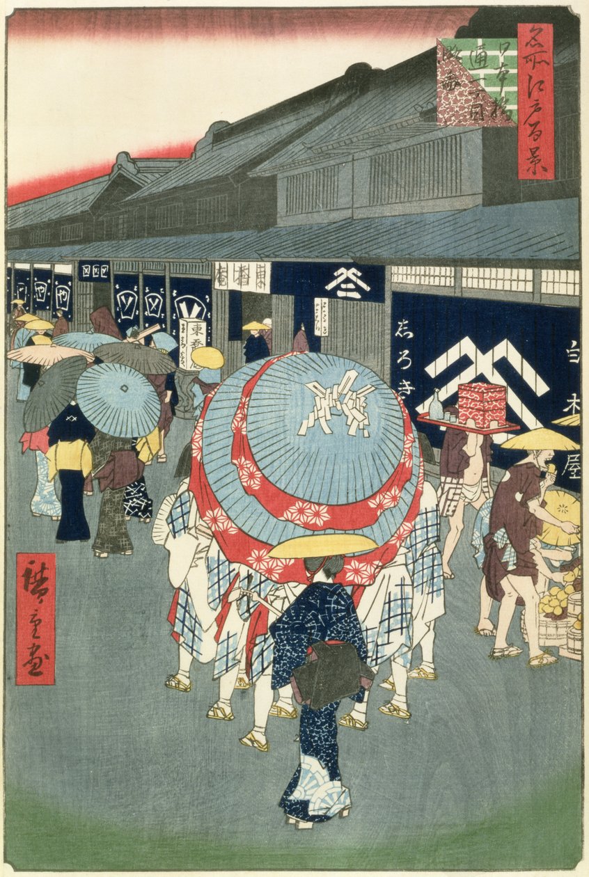 Pohled na Nihonbashi Tori-itchome (Nihonbashi Tori-itchome Ryakuzu), deska 44 z One Hundred Views of Edo (barevný tisk dřevěných bloků) od Utagawa Hiroshige