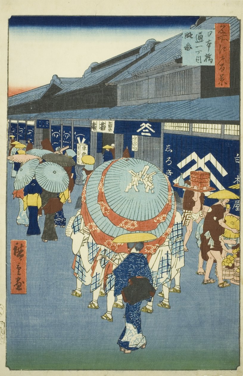 pohled na f Nihonbashi Tori t chome (náčrtek Nihonbashi tori t chome), ze série „Ridge dre d fa s views of Edo (Sto slavných pohledů na Edo)“ od Utagawa Hiroshige