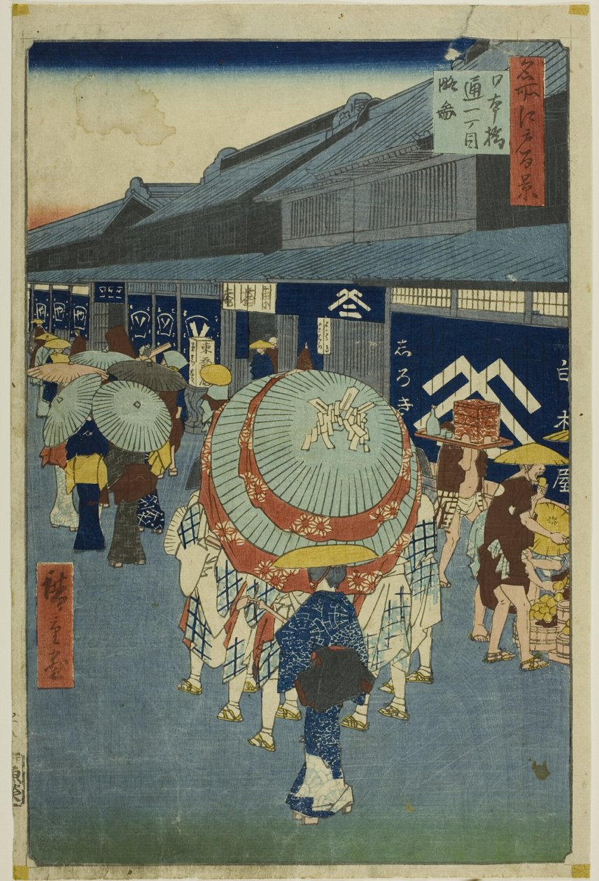 Pohled na Nihonbaši Tori-itchome (Nihonbaši Tori-itchome ryakuzu) ze série "Sto slavných pohledů na Edo (Meisho Edo hyakkei)". od Utagawa Hiroshige