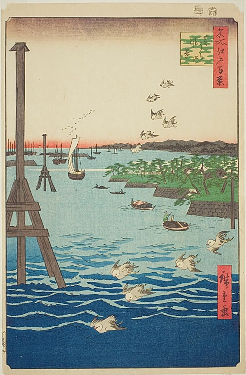 Pohled na pobřeží Shiba (Shibaura no kei), se světle a tmavě modrou vodou, č. 108 ze série Sto slavných pohledů na Edo (Meisho Edo hyakkei) od Utagawa Hiroshige