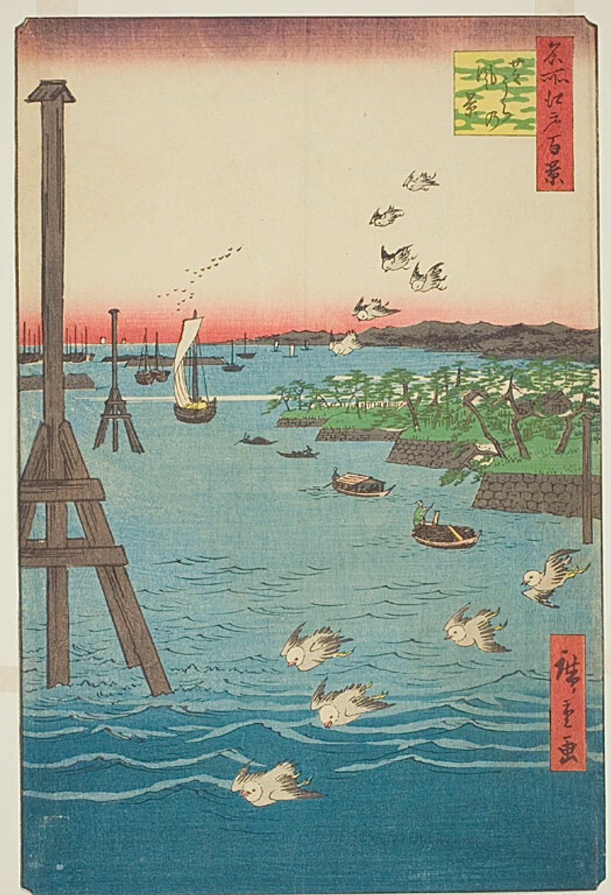 Pohled na pobřeží Shiba (Shibaura no kei), s odstíny světle modré vody, č. 108 ze série Sto slavných pohledů na Edo (Meisho Edo hyakkei) od Utagawa Hiroshige