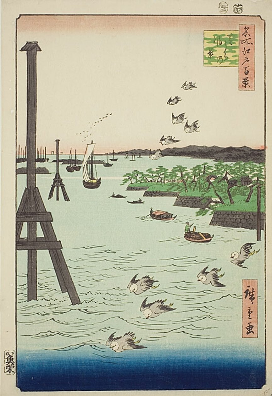 Pohled na pobřeží Shiba (Shibaura no kei), s velmi světlou a tmavě modrou vodou, č. 108 ze série Sto slavných pohledů na Edo (Meisho Edo hyakkei) od Utagawa Hiroshige