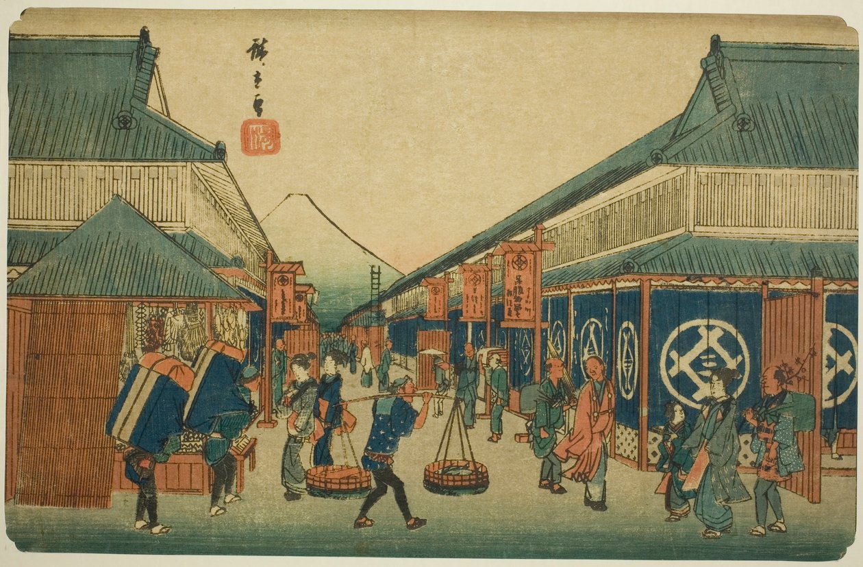 Pohled na Surugacho (Surugacho no zu), ze série "Slavná místa ve východním hlavním městě (Toto meisho)" od Utagawa Hiroshige