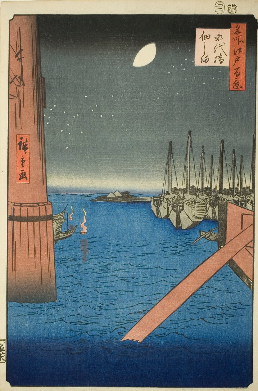 Pohled na Tsukudu z mostu Eitai (most Eitai Tsukudajima), ze série „Hřeben pro hřebeny“ Pohled na Edo (Sto pohledů na známá místa Edo)“ od Utagawa Hiroshige