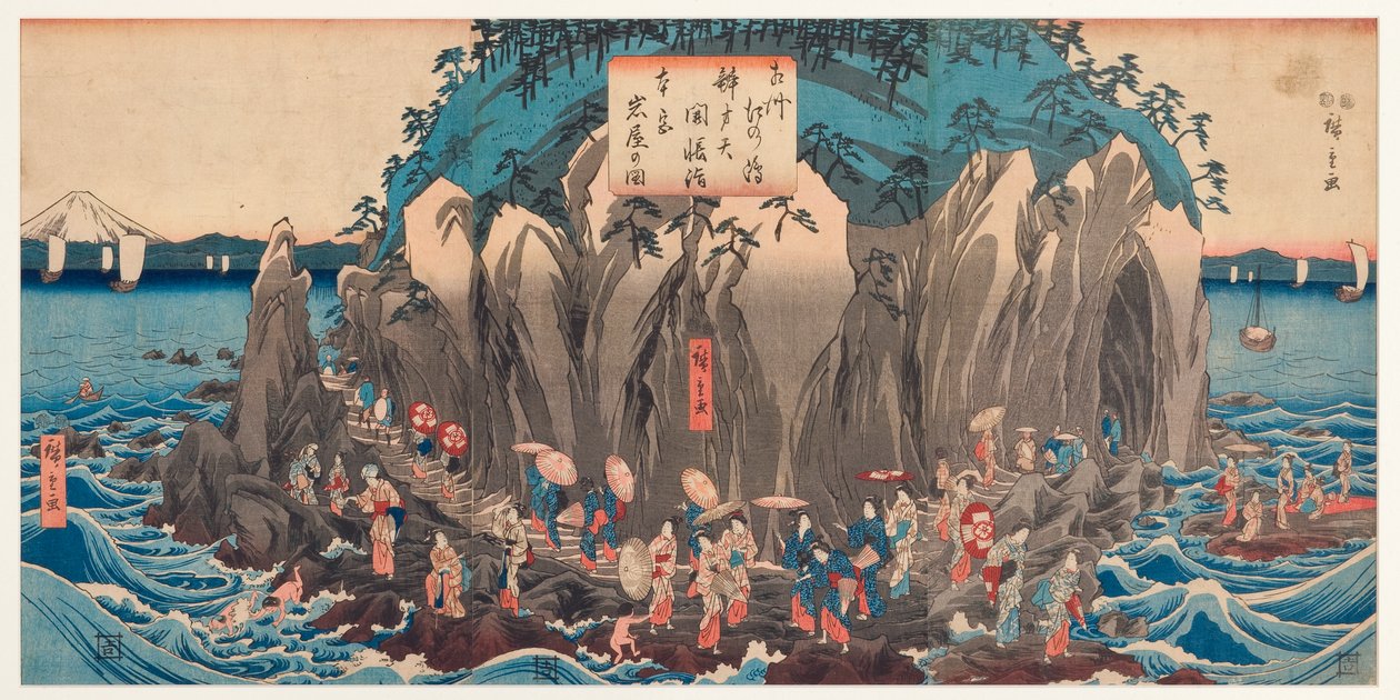 Pohled na pouť do jeskyně a svatyně Benzaiten v Enošimě, Sagami, asi 1850-51 (dřevoryt) od Utagawa Hiroshige