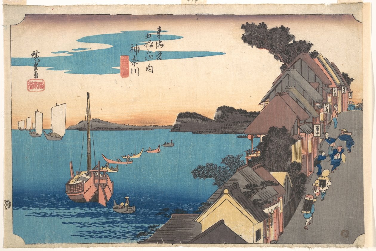 Pohled na nádraží Kanagawa při západu slunce od Utagawa Hiroshige