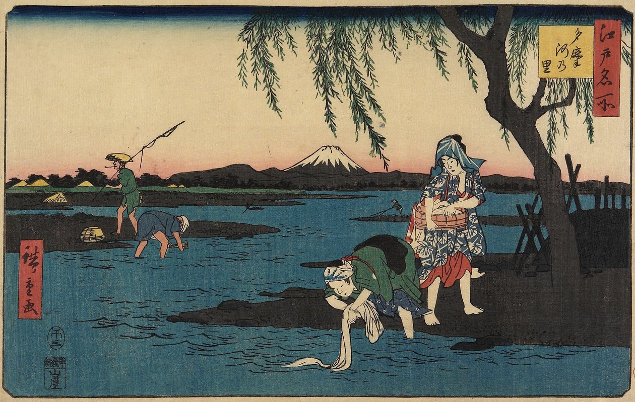 Vesnice u řeky Tamagawa, březen 1858 od Utagawa Hiroshige