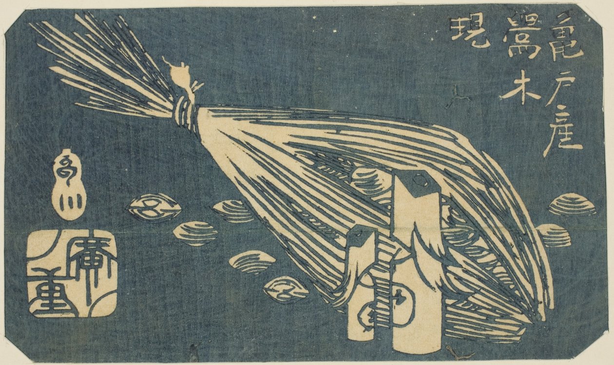 Pěnice dřevořezby a škeble z Kameido (Kameido san Uguisu ki shijimi), část listu ze série "Vystřihovánky slavných míst v Edo (Harimaze Koto meisho)" od Utagawa Hiroshige