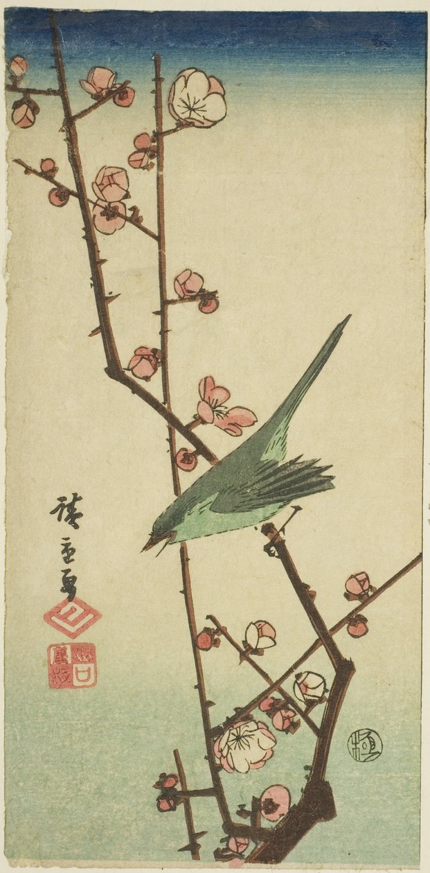 Pěnice na švestkové větvi od Utagawa Hiroshige