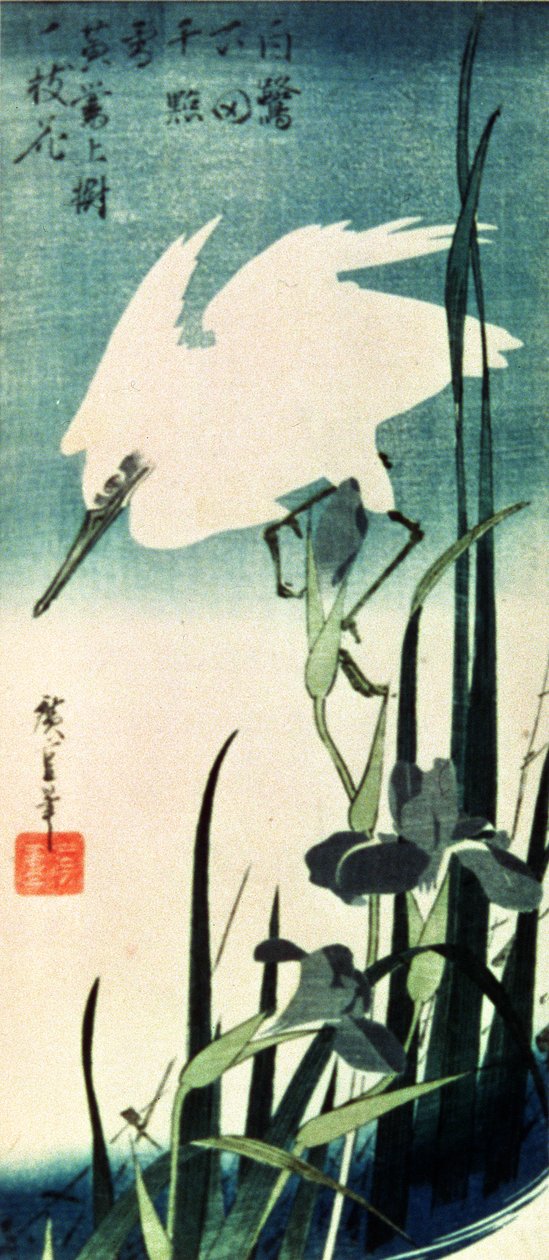 Volavka bílá a kosatec (barevný dřevoryt) od Utagawa Hiroshige