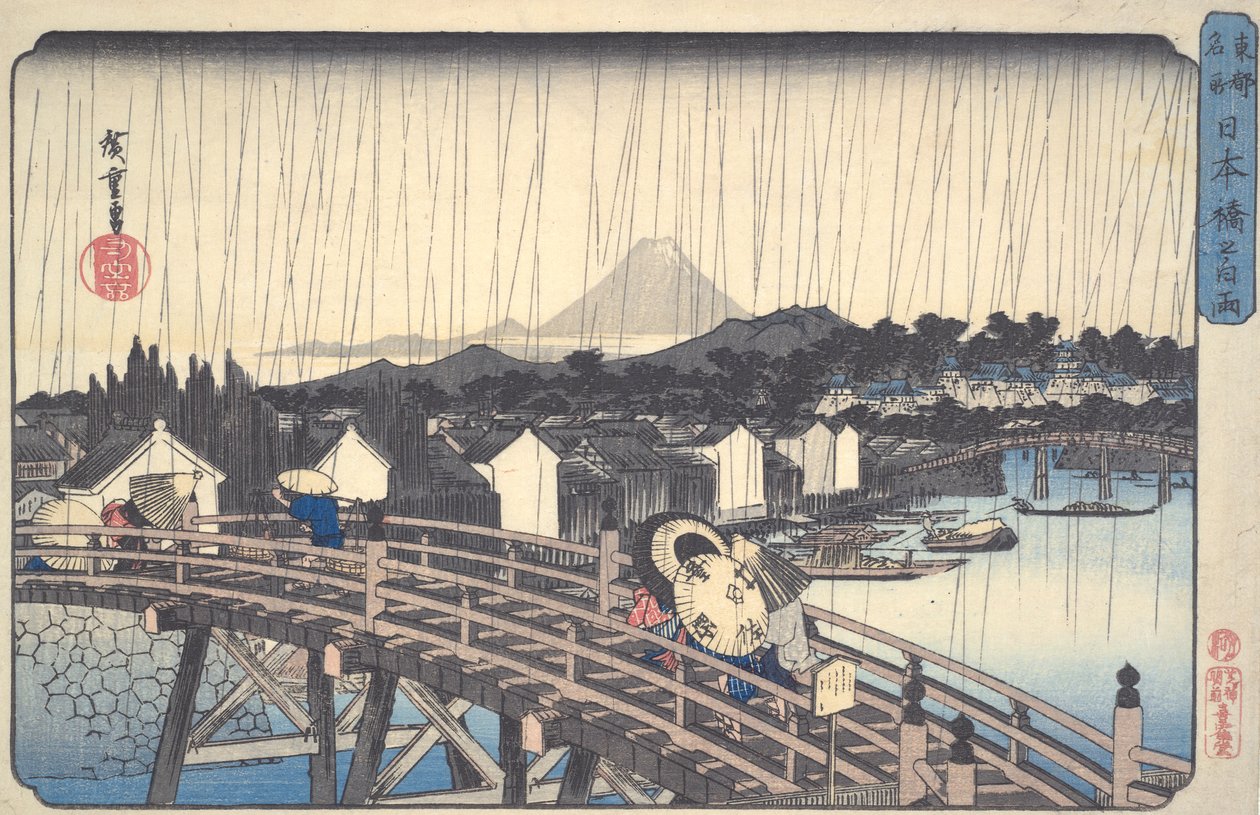 Bílý déšť na mostě Nihon, ze série Slavná místa východního hlavního města od Utagawa Hiroshige