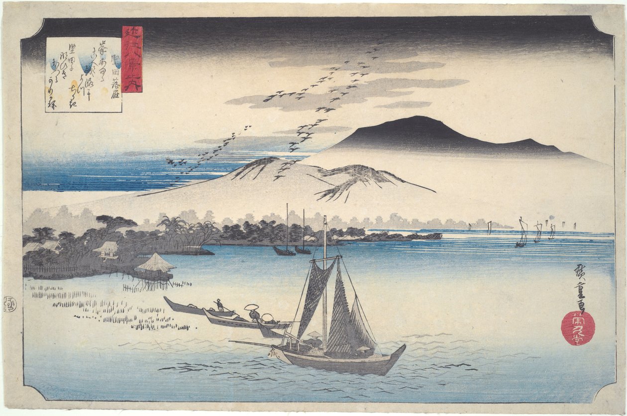 Divoké husy letící nad Katadou, ze série „Osm pohledů na Ómi“ od Utagawa Hiroshige