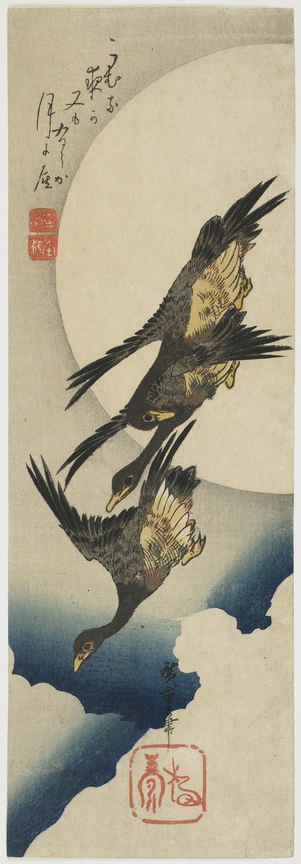 Divoké husy přes Měsíc, 1834-39 (barevný dřevořez) od Utagawa Hiroshige