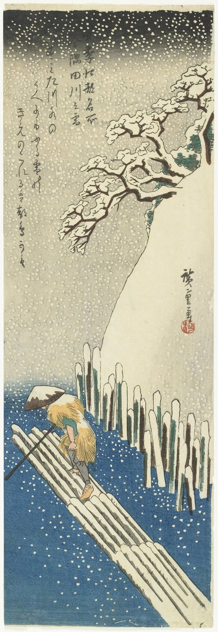 Zima: Sníh nad řekou Sumida, kolem roku 1834 od Utagawa Hiroshige