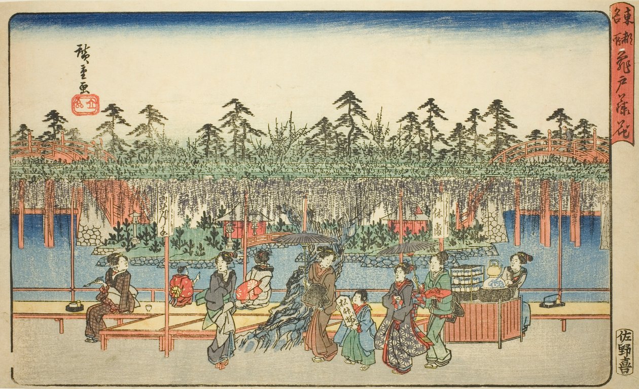 Wisteria v Kameido (Kameido Tenjin fuji hana), ze série „Slavná místa ve východním hlavním městě (Toto meisho)“ od Utagawa Hiroshige