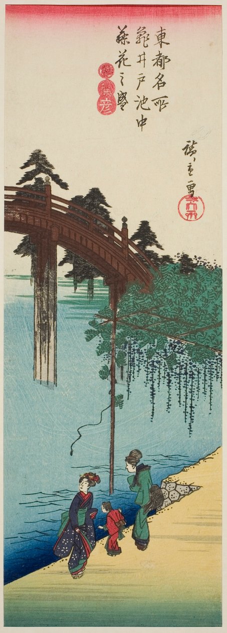 Wisteria v plném květu nad rybníkem ve svatyni Kameido (Kameido ike chu fujibana no sakari), ze série „Slavná místa ve východním hlavním městě (Toto meisho)“ od Utagawa Hiroshige