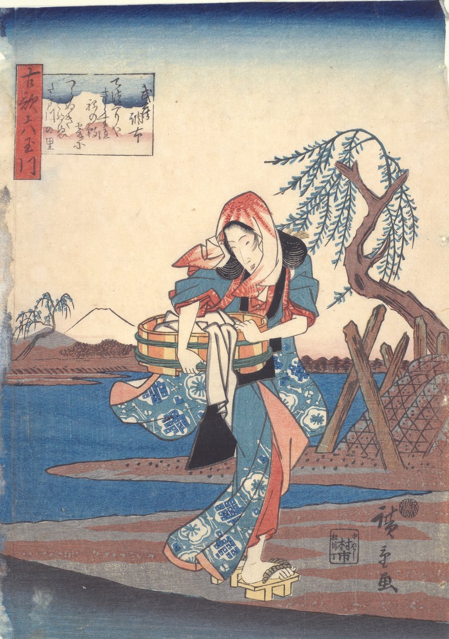 Žena praní prádla u řeky Chofu: Six Tama Rivers od Utagawa Hiroshige