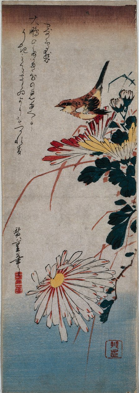 Wren a chryzantémy od Utagawa Hiroshige