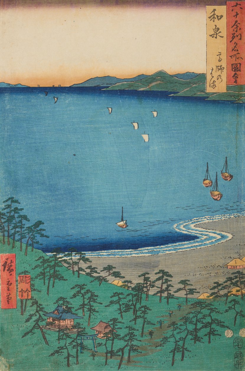 Pobřeží Takashi v provincii Izumi / Izumi Takashi no hama, list č. 4 ze série: Pohledy na slavná města v šedesáti a několika provinciích / Rokuju yoshu meisho zue od Utagawa Hiroshige