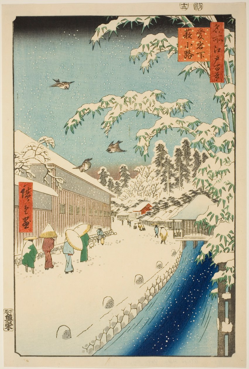 Yabu Street na úpatí kopce Atago (Atagoshita yabukoji), ze série „Sto slavných pohledů na Edo (Meisho Edo hyakkei)“ od Utagawa Hiroshige